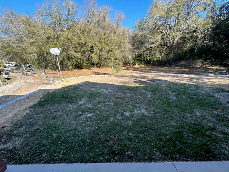A backyard in Hernando County, FL, with patchy grass, a concrete edge in the foreground, a basketball hoop on the left, and trees with light foliage in the background—perfect for a Landscaper Citrus project under a clear blue sky.