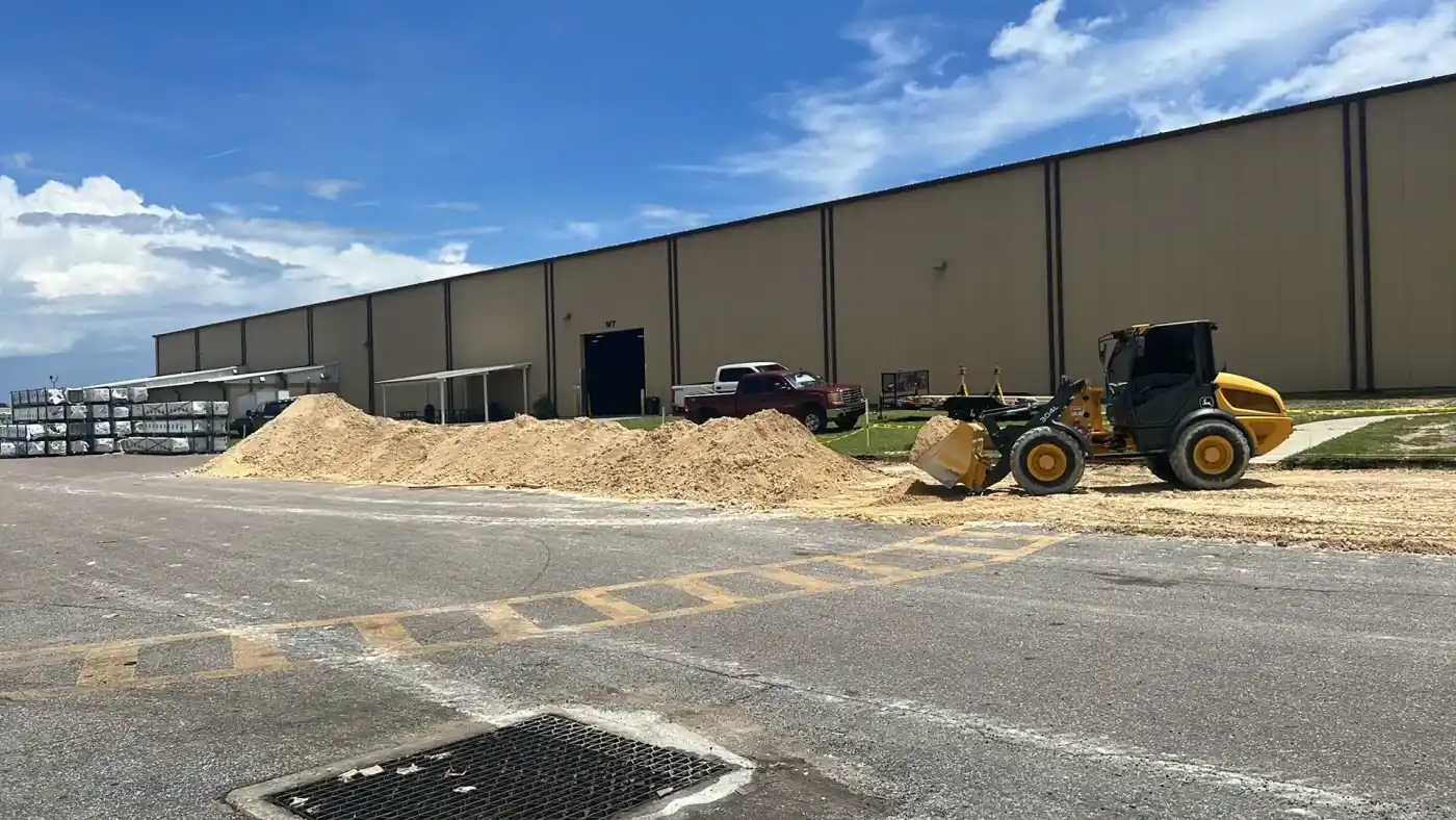 A yellow front loader moves a large pile of sand outside a beige industrial warehouse in Hernando County on a sunny day, with parked vehicles and stacks of materials nearby.