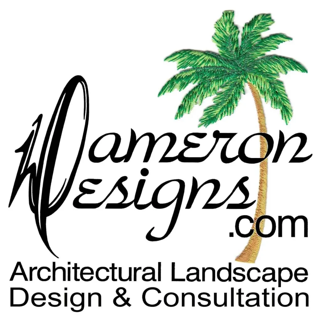 Logo for Cameron Designs featuring a green palm tree and stylized text reading “Cameron Designs.com Architectural Landscape Design & Consultation” in black script and block fonts, serving FL, Sumter, and Hernando County.