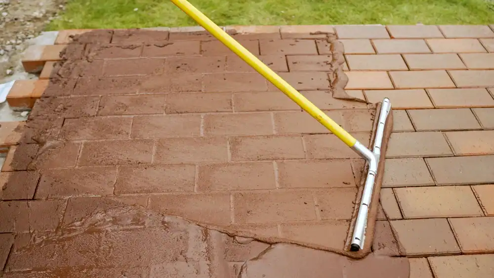 A metal squeegee with a yellow handle is spreading wet grout or sand over red brick pavers during patio installation by a Landscaper Citrus in Hernando County, FL, with grass visible in the background.