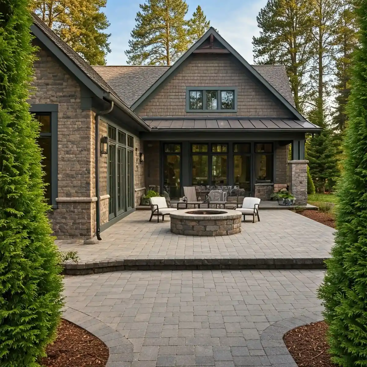A stone patio with a fire pit and seating area sits behind a brick house, surrounded by tall green trees and landscaped paths. Expertly designed by a landscaper in Citrus, FL, this sunny retreat enhances any Hernando County home.