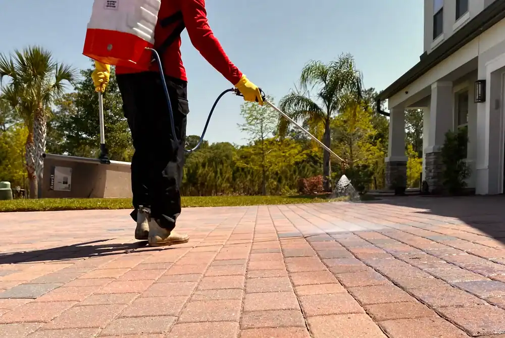A landscaper from Hernando County, FL, in gloves and boots uses a pressure washer to clean a brick driveway outside a house, with trees and plants in the background on a sunny day.