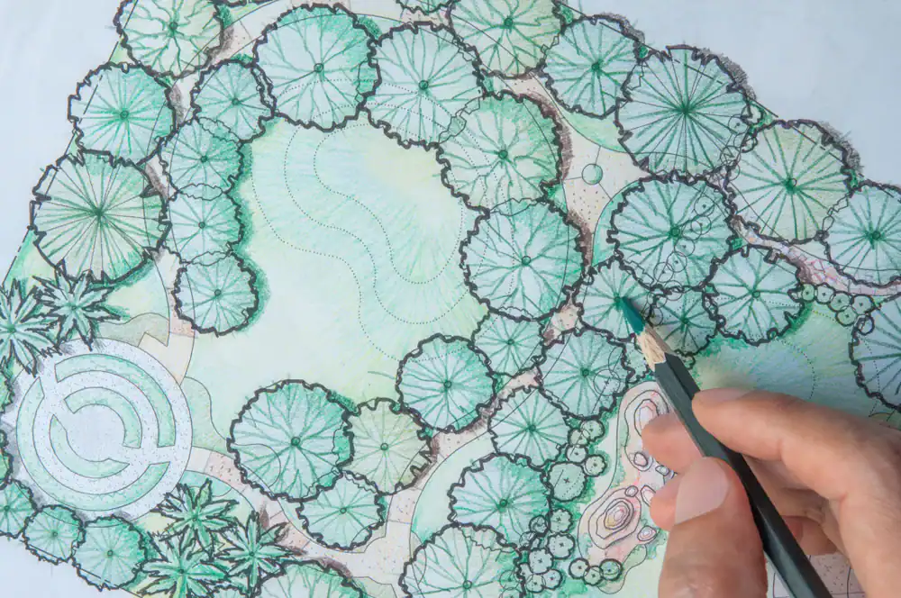 A hand holding a pencil is drawing a landscape design plan in green and brown tones, featuring trees, paths, and garden elements inspired by the natural beauty of Sumter, FL.