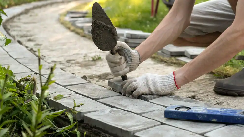 A person wearing gloves is using a trowel to lay rectangular pavers along a curved outdoor pathway in Hernando County, FL, surrounded by grass and greenery. A blue level tool lies nearby.