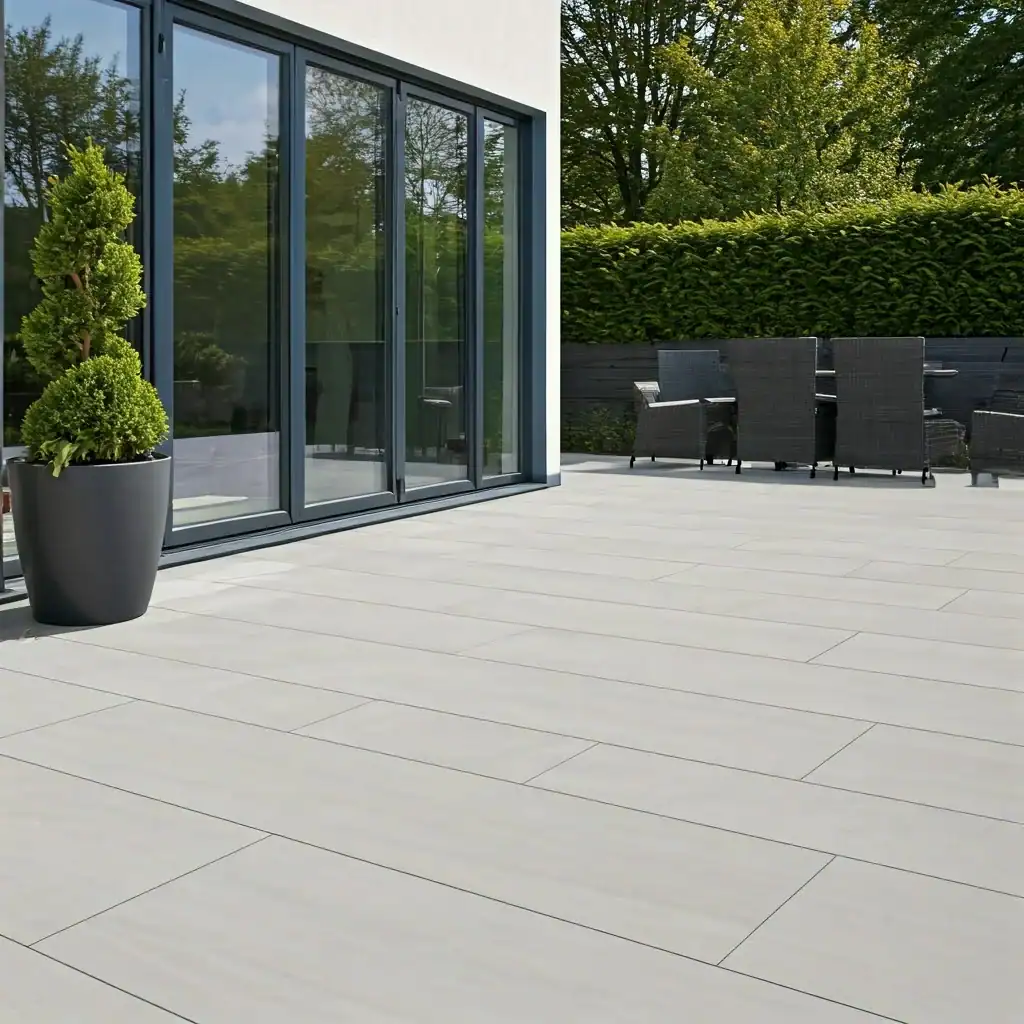 A modern patio with large light gray tiles, sliding glass doors, a tall potted plant, outdoor wicker chairs, and a table, surrounded by green trees and hedges&mdash;perfectly designed by a Landscaper Citrus expert in Hernando County.