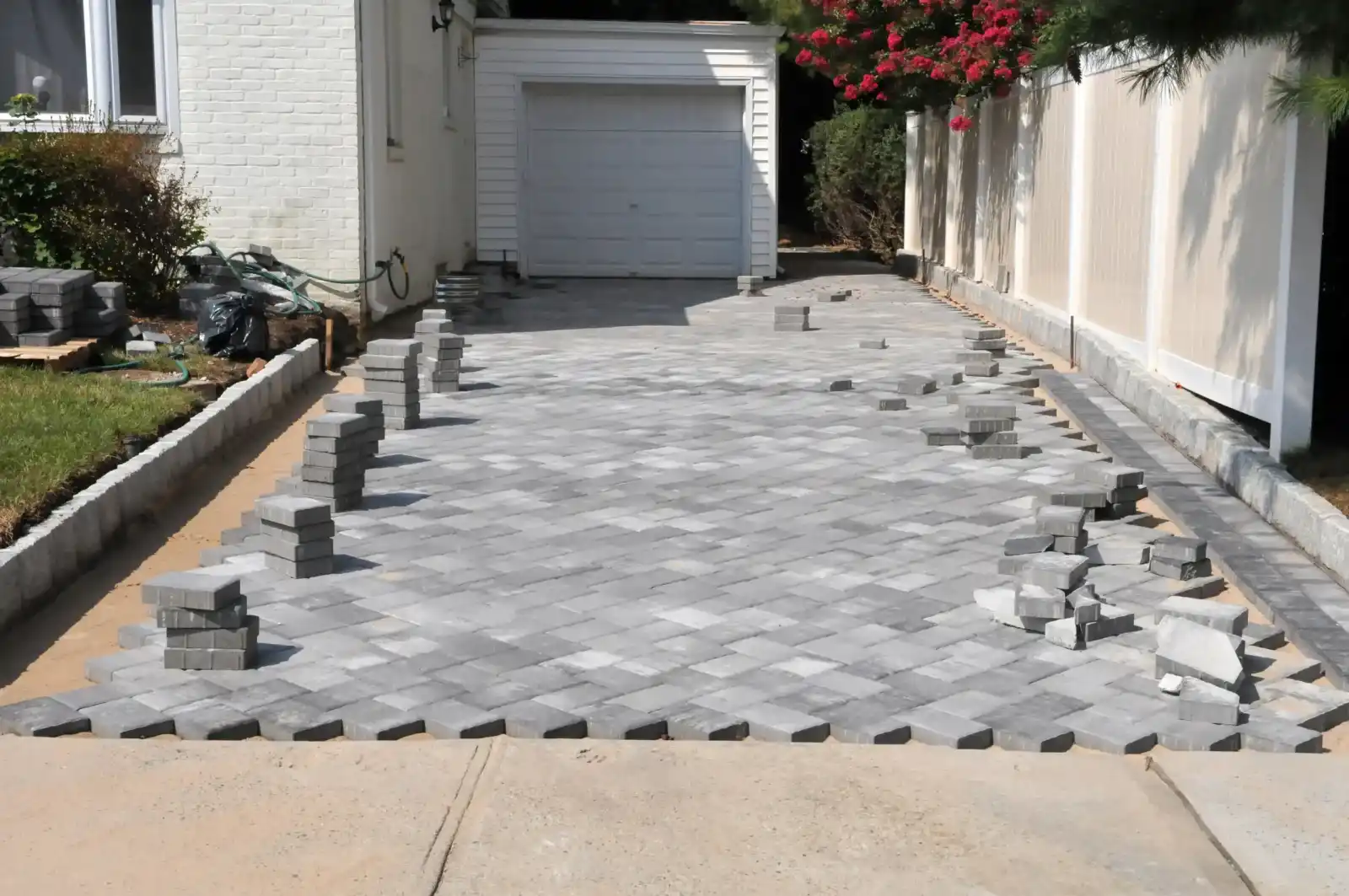 A driveway in Hernando County is being paved with gray rectangular bricks in a herringbone pattern. Stacks of extra bricks are placed along the sides, and the garage door at the end of the driveway is closed.