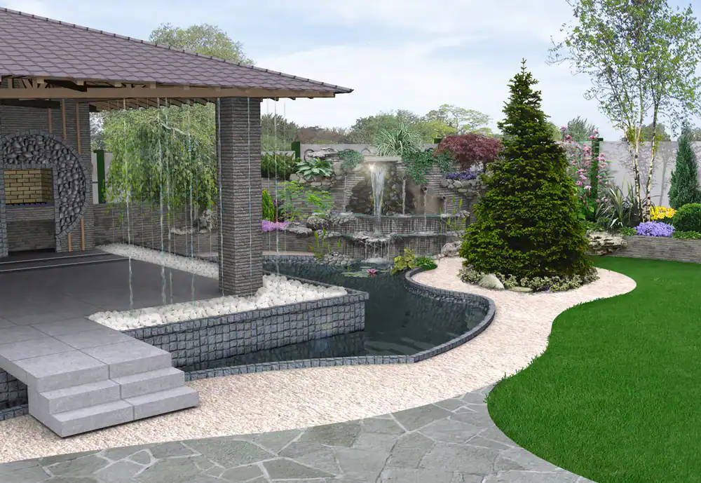 Modern backyard in FL with a covered patio, stone tiles, a small pond with a waterfall, landscaped greenery, curved pathways, and a variety of shrubs and flowers—perfect for Sumter or Hernando County living.